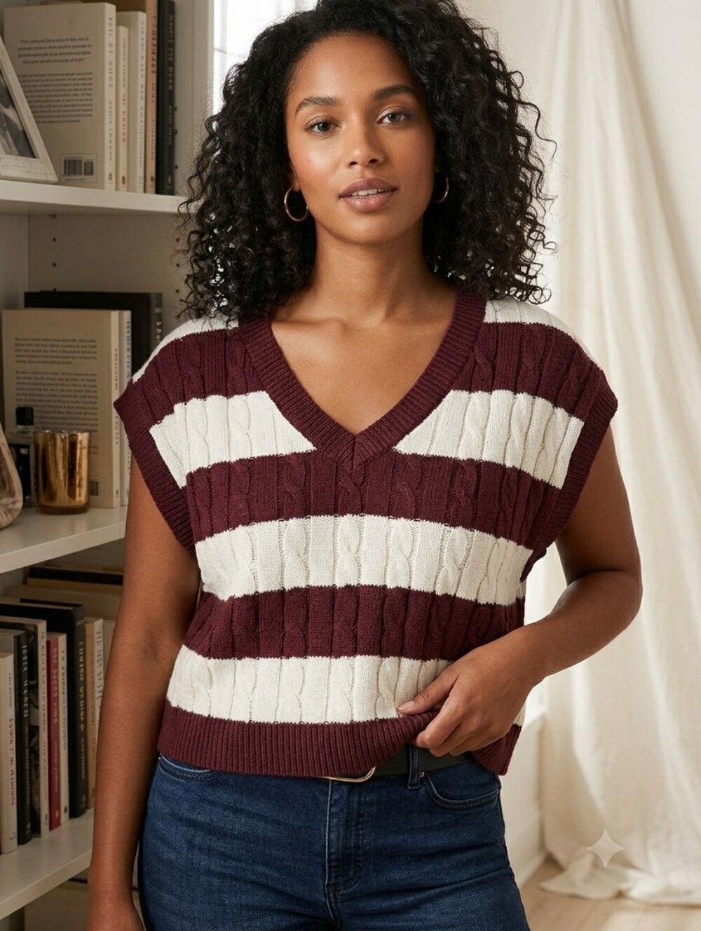 So Goods For Life Women Burgundy White Stripe V-Neck Cropped Vest Sweater SizeXL